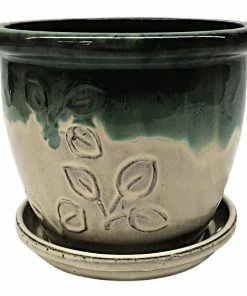 Various Brands Embossed Planter with Attached Saucer, Copper Cream, Large - R358CCCL - Planters