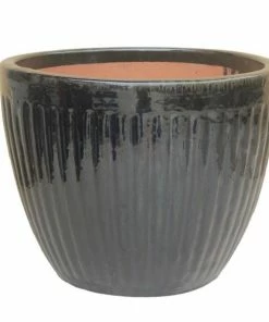 Various Brands Round Planter with Vertical Ribbing, Glossy Black, Large - GC0577GBL - Planters